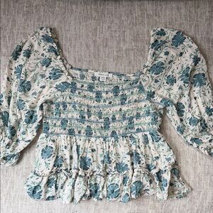 Floral Smocked Top - Blue and Cream